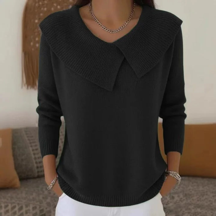 Black sweater with oversized draped collar, front view