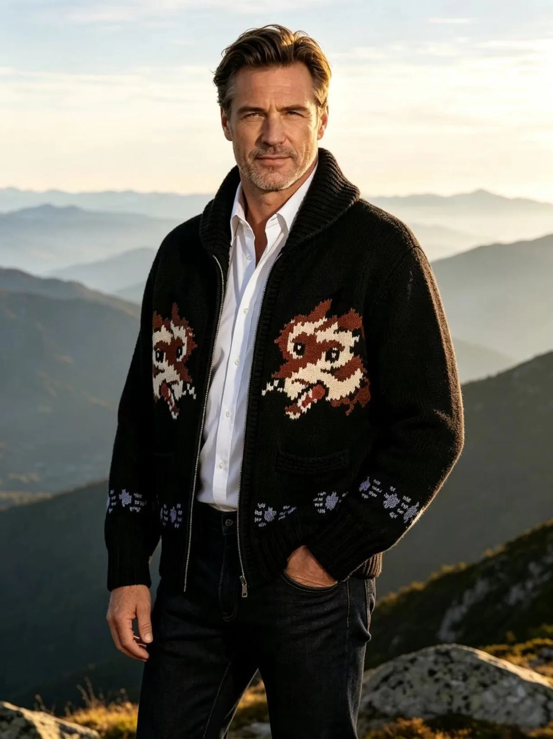 Man wearing black fox graphic knit cardigan on mountaintop