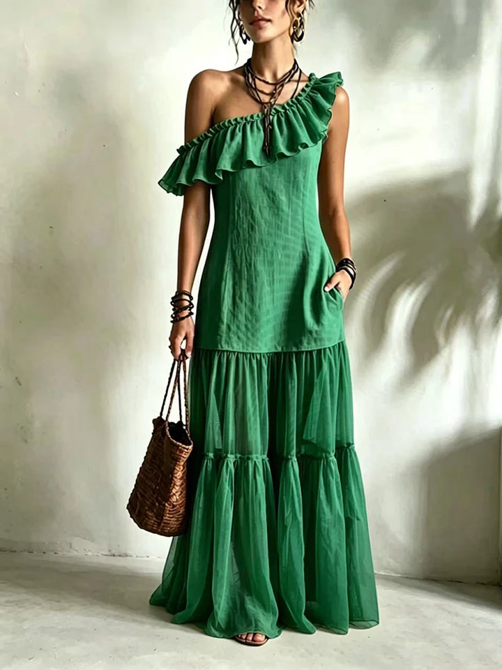 Brielle One Shoulder Asymmetrical Ruffle Maxi Dress