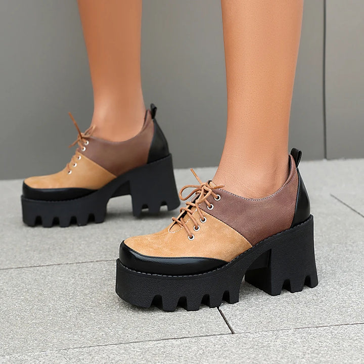 Brown and tan color block platform shoe side profile