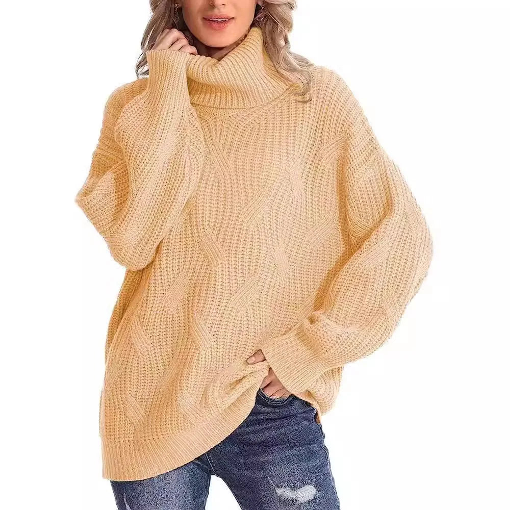 Woman wearing apricot cable knit oversized turtleneck sweater