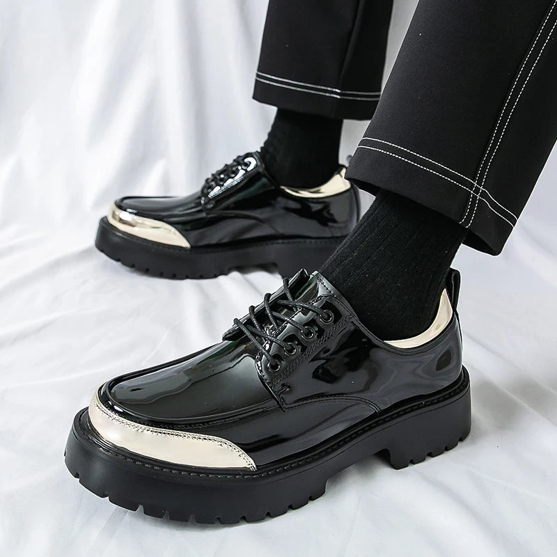 Black patent Oxford shoes with gold toe cap, side view