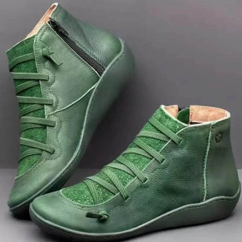 Green lace-up ankle boots with side zip, pair view