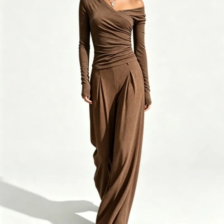 Woman wearing brown off shoulder top and wide leg pant set