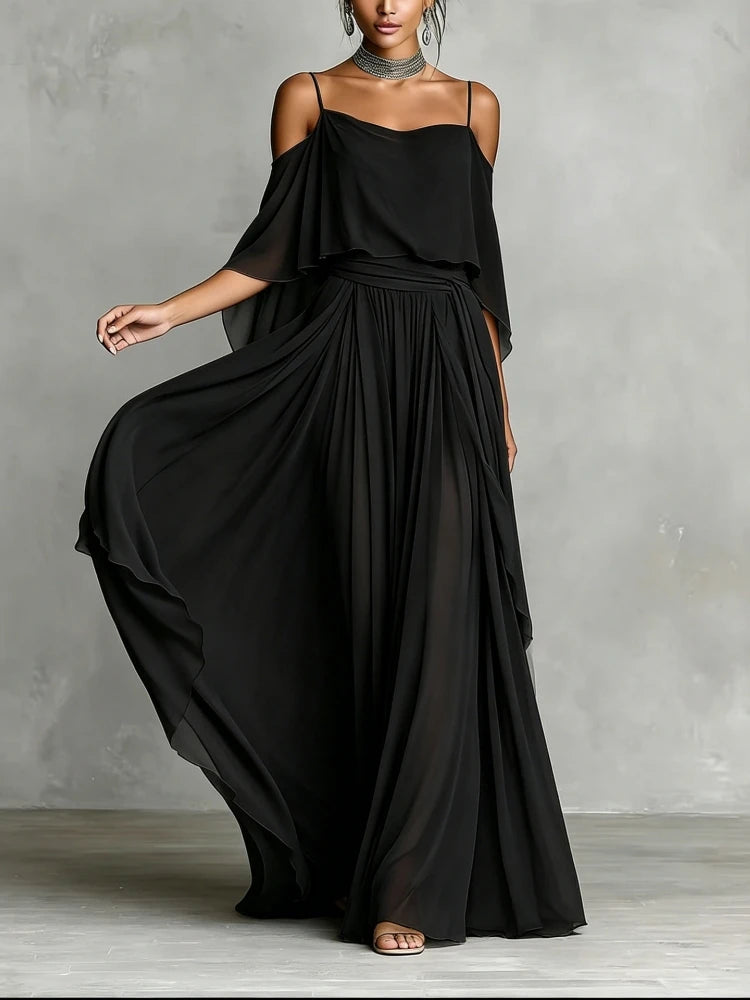 Evangeline Off Shoulder Chiffon Wedding Guest Maxi Dress