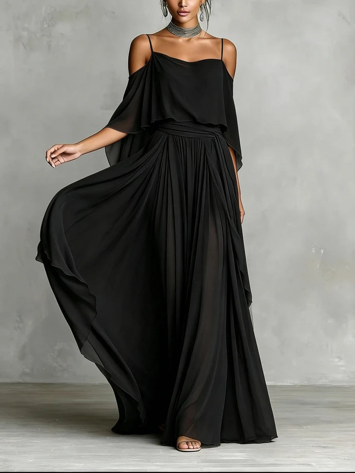 Evangeline Off Shoulder Chiffon Wedding Guest Maxi Dress