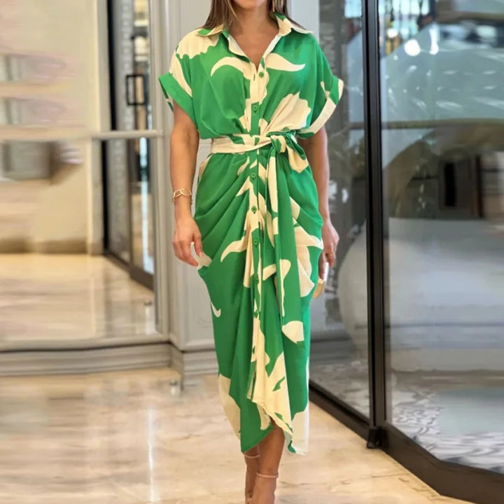 Rose Printed Tie Waist Shirt Midi Dress