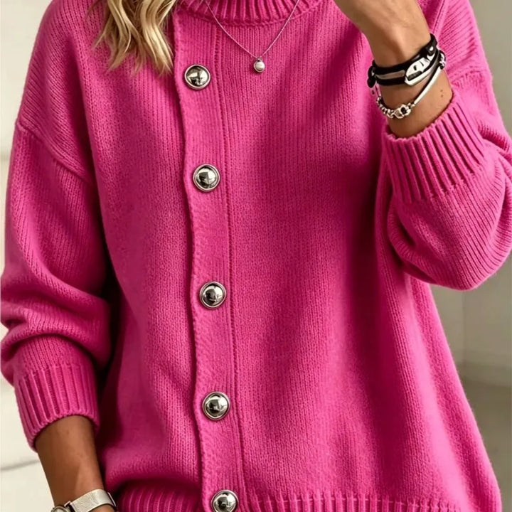 Woman wearing rose red button front mock turtleneck sweater close up