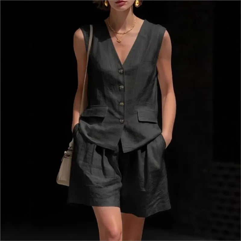 Aubrey Button Vest Shorts Set