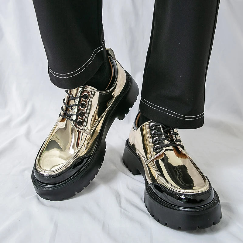 Gold metallic Oxford shoes worn with black trousers