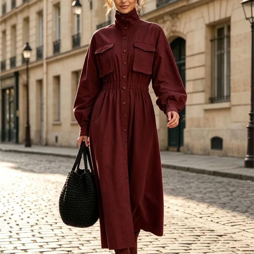 Woman walking in burgundy shirt dress with flap pockets