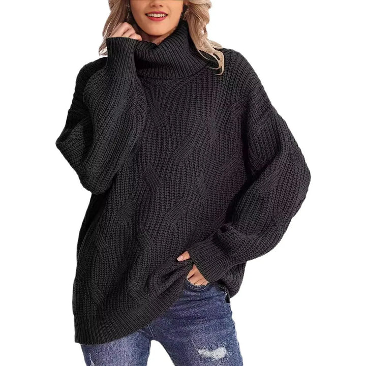 Woman wearing black cable knit oversized turtleneck sweater