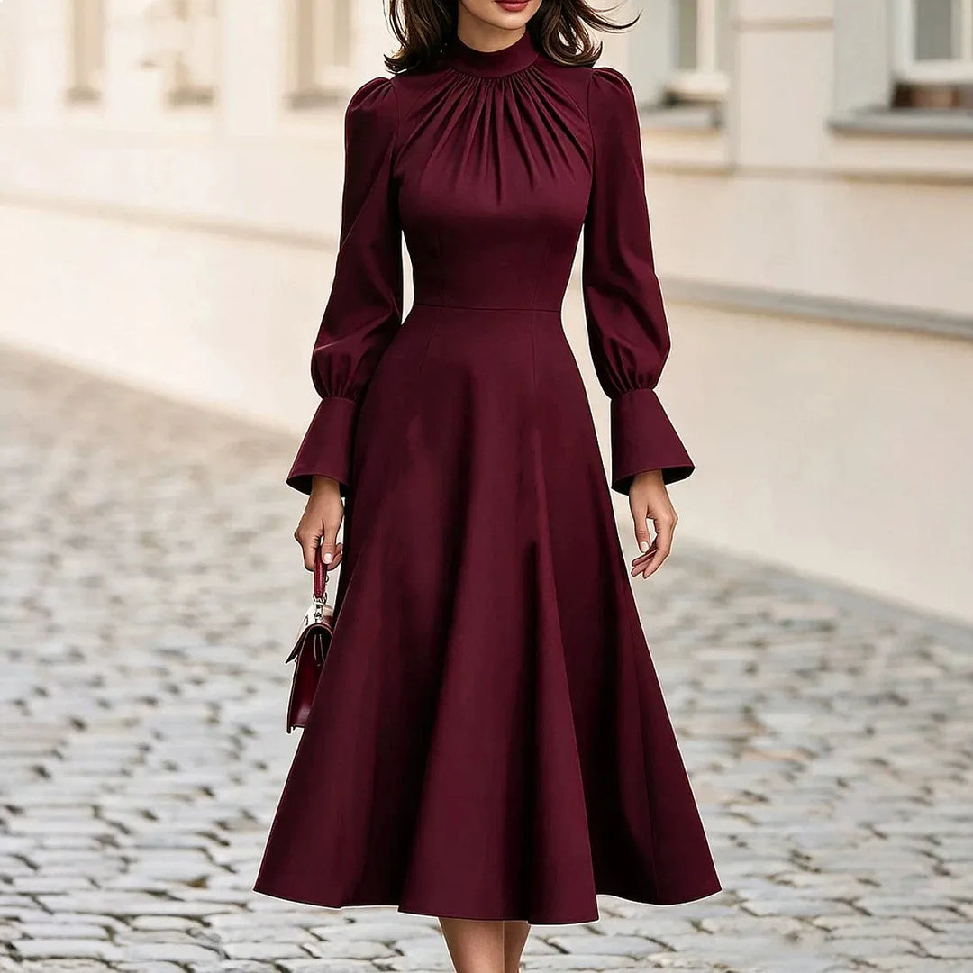 Burgundy mock neck midi dress with flared cuff sleeves, front view