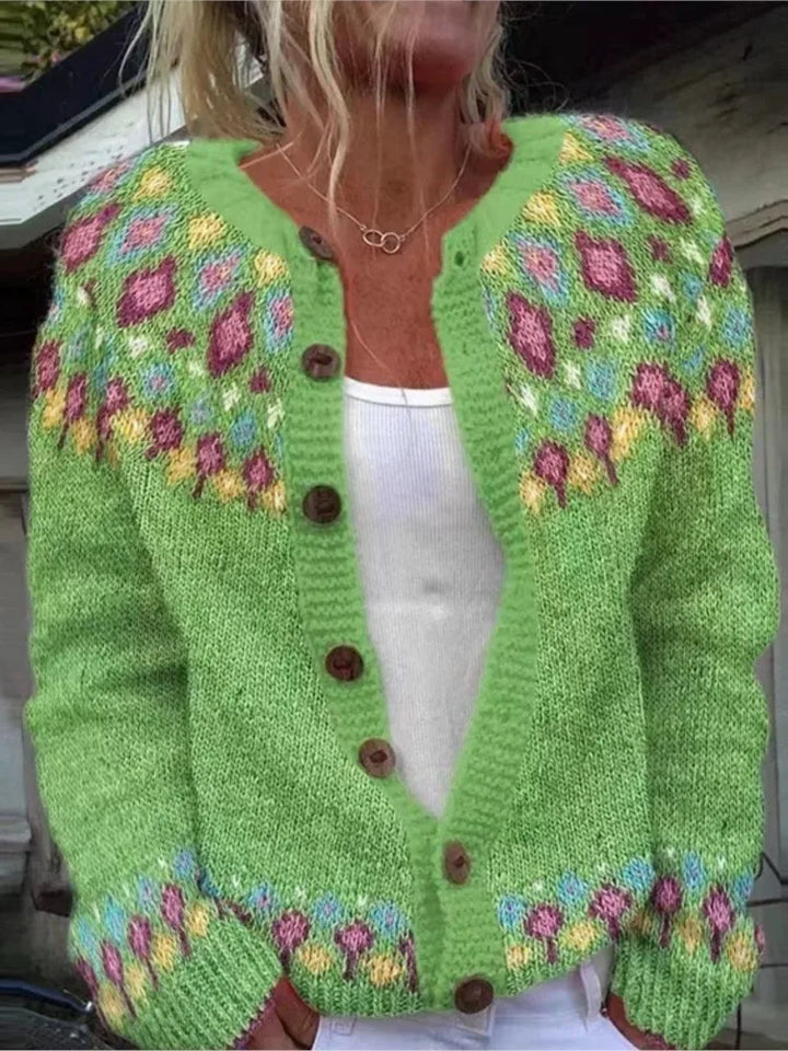 Green knit cardigan with floral patterned yoke