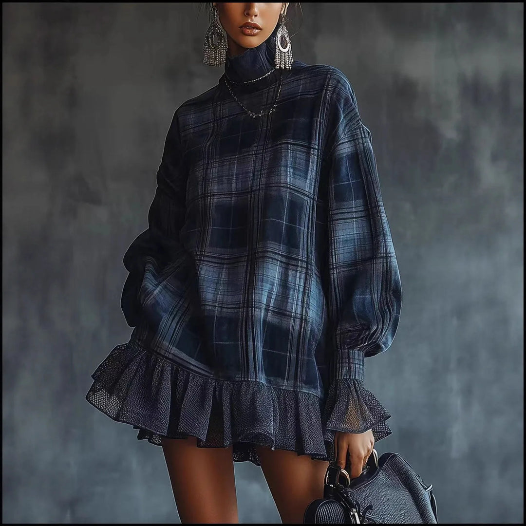 Woman wearing blue plaid mini dress with turtleneck and lantern sleeves, front view
