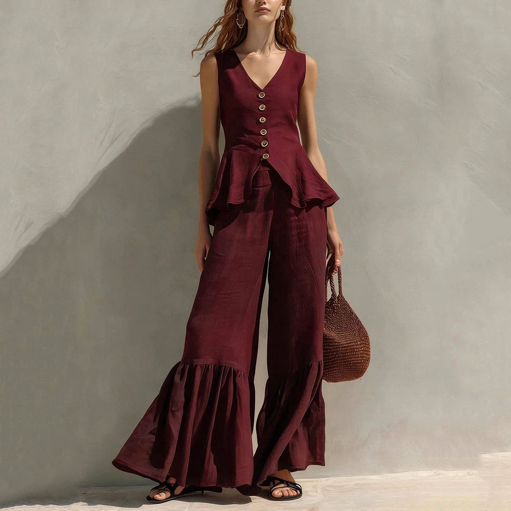 Eleanor Sleeveless Ruffle Trim Wide Leg Pants Set
