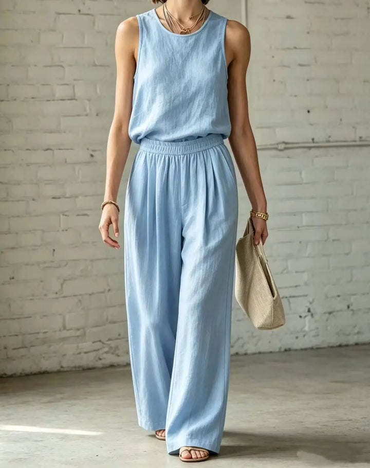 Jade Cotton Linen Camisole Wide Leg Set