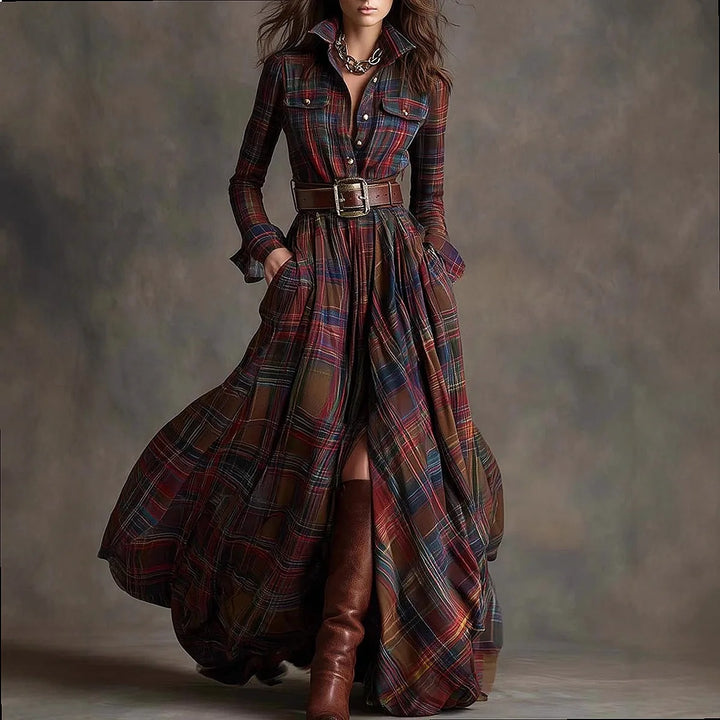 Woman wearing multicolor plaid belted maxi shirt dress