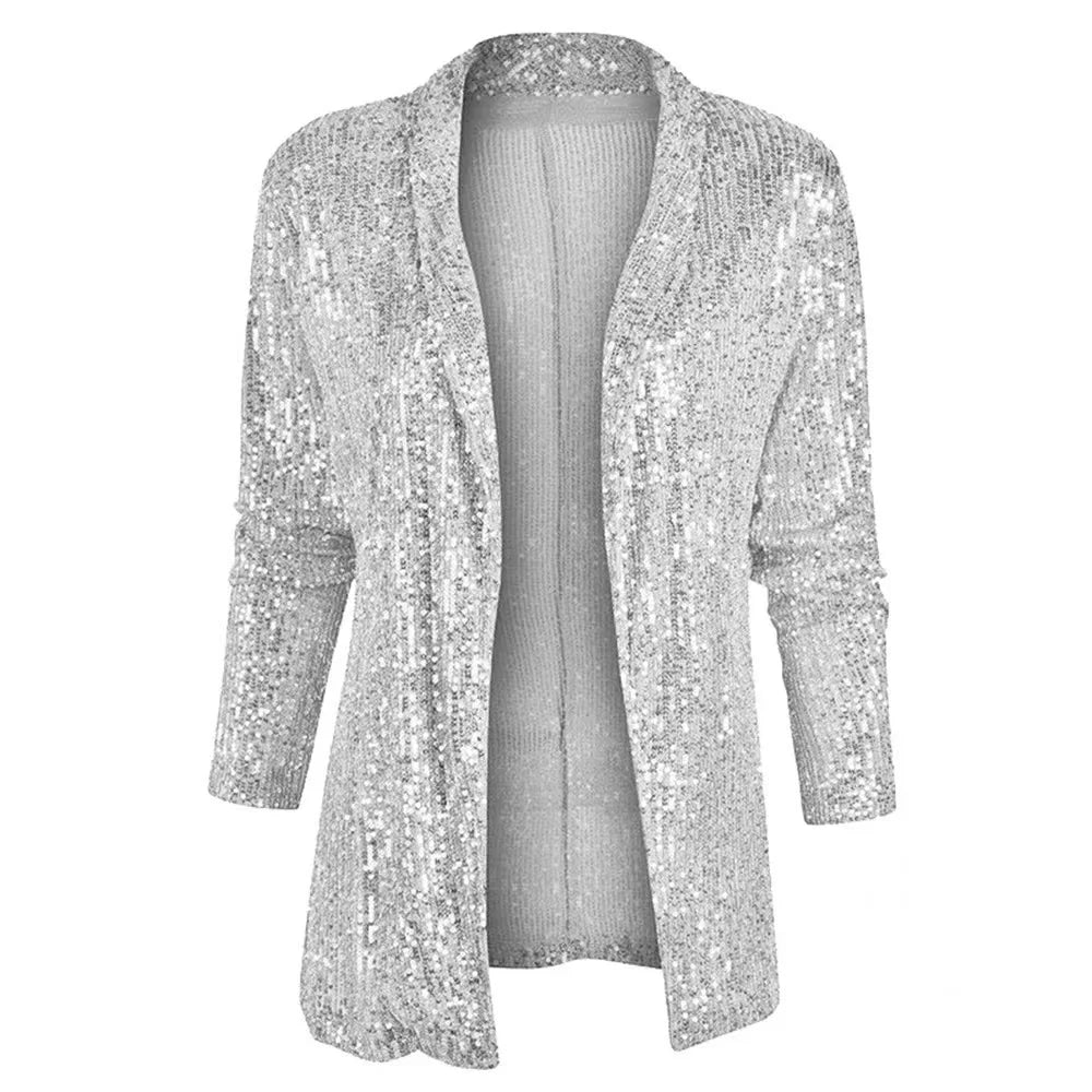 Silver sequin open-front cardigan jacket, front view