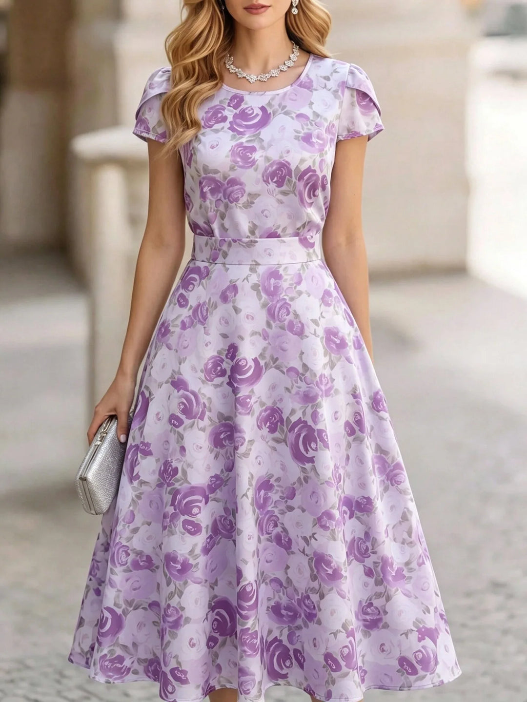 Rosalie Elegant Floral Short Sleeve Midi Dress