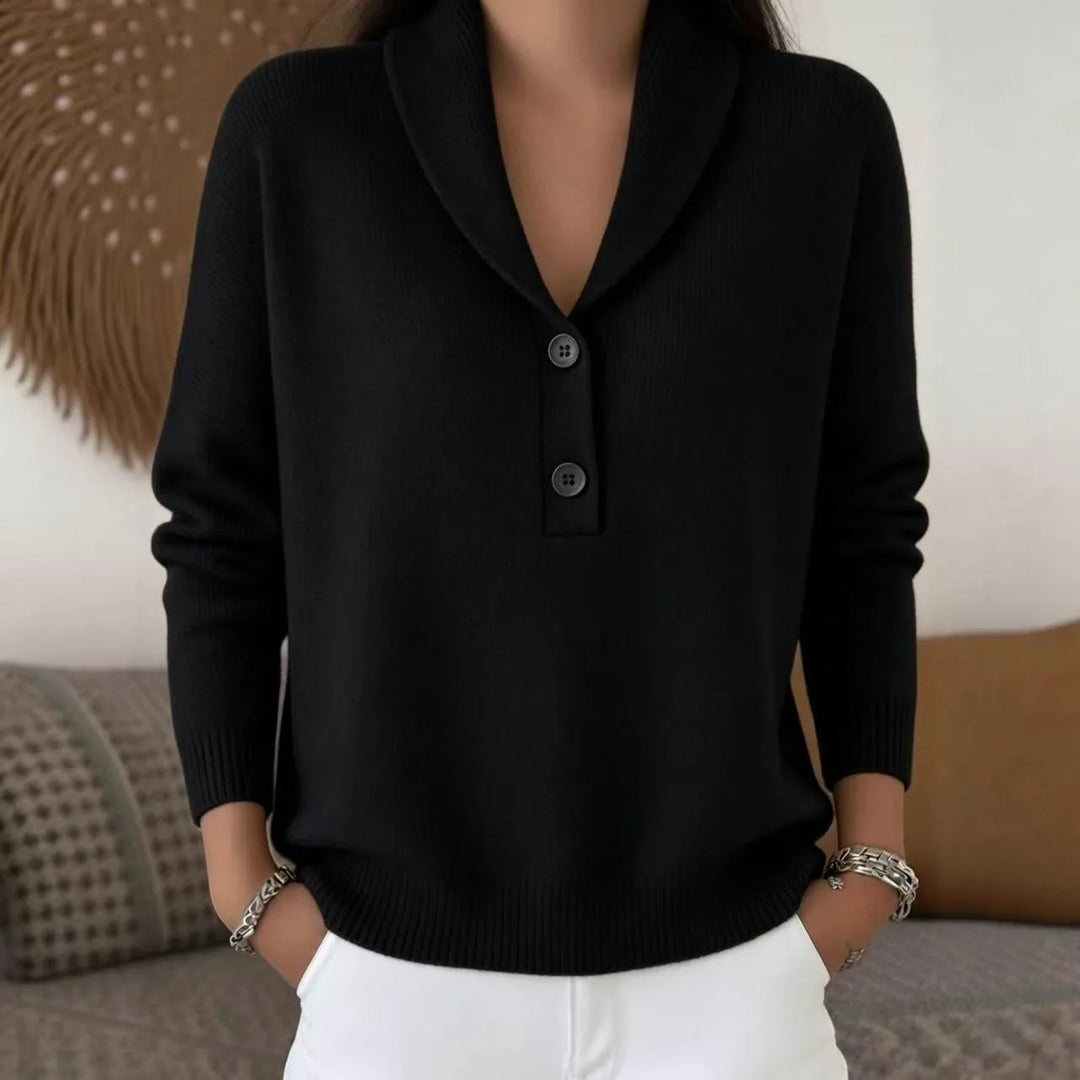 Woman wearing black shawl collar button sweater