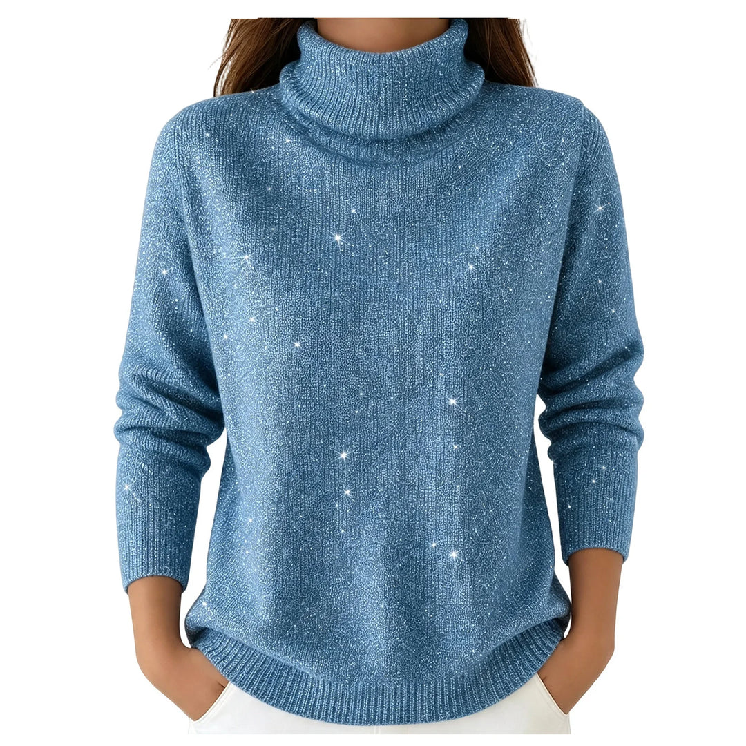 Woman wearing light blue sparkle knit turtleneck sweater