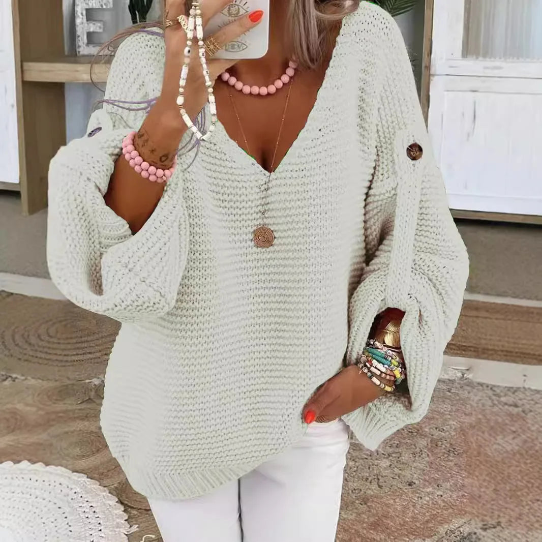 White chunky knit V-neck sweater with lantern sleeves