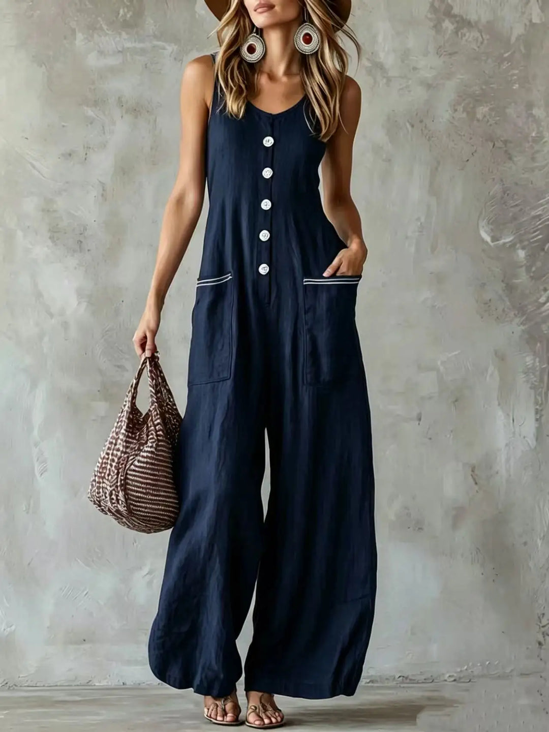 Lianna Button Front Wide Leg Jumpsuit
