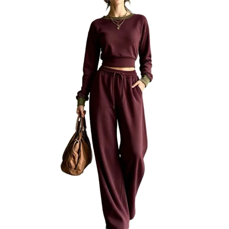 Woman wearing claret cropped sweatshirt and wide leg pants set with olive trim