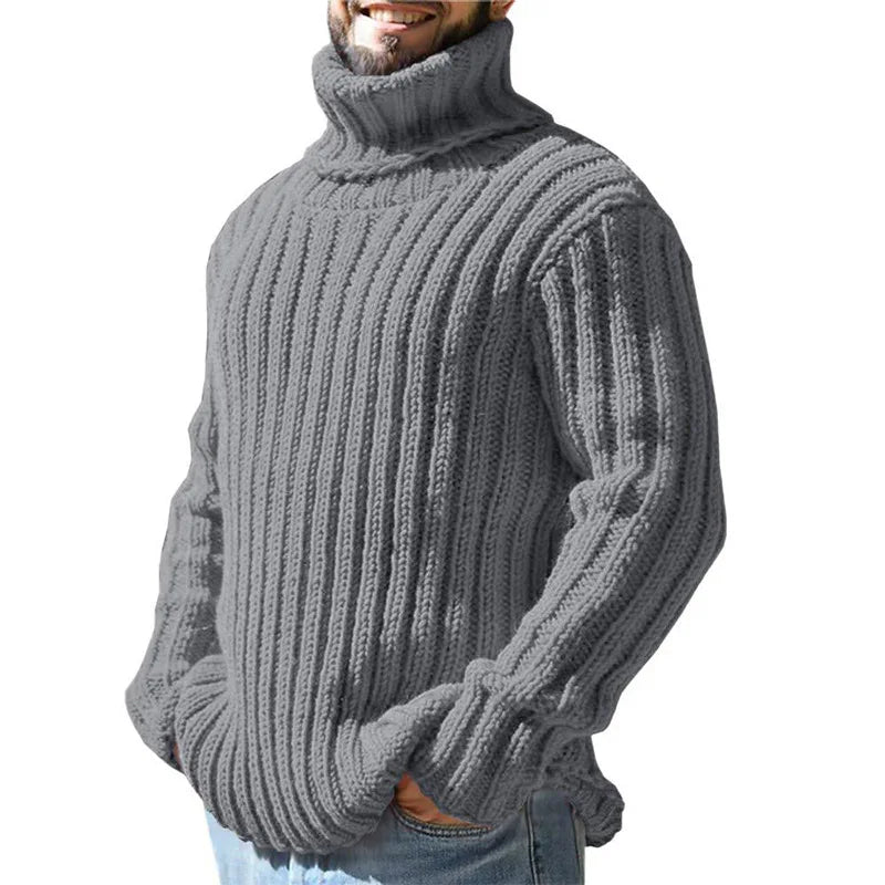 Man wearing gray ribbed turtleneck sweater