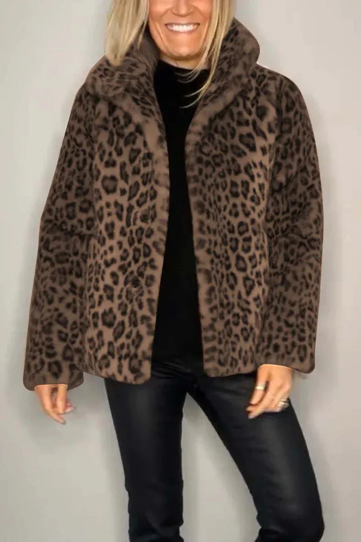 Model wearing brown leopard print faux fur coat