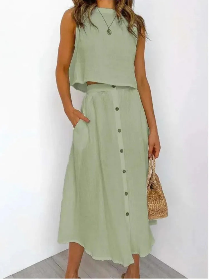 Eleanora Sleeveless Top And Button Midi Skirt Set