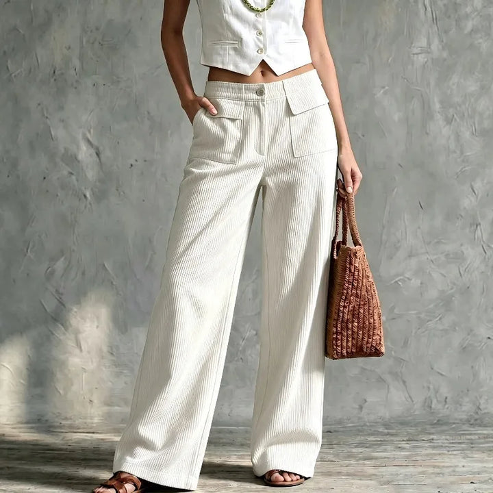White corduroy wide leg pants front view