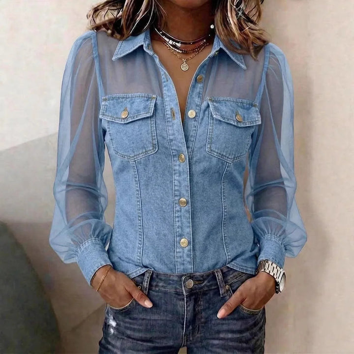 Cambria Sheer Sleeve Denim Blouse