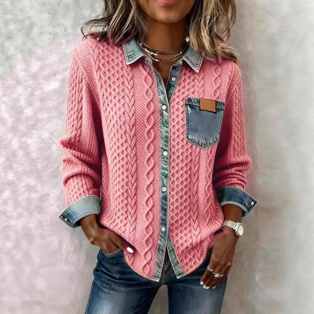 Woman wearing pink cable knit cardigan shirt jacket with denim-look collar and pocket