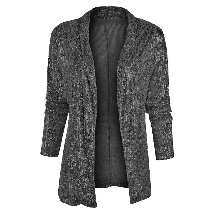 Gray sequin open-front cardigan jacket, front view