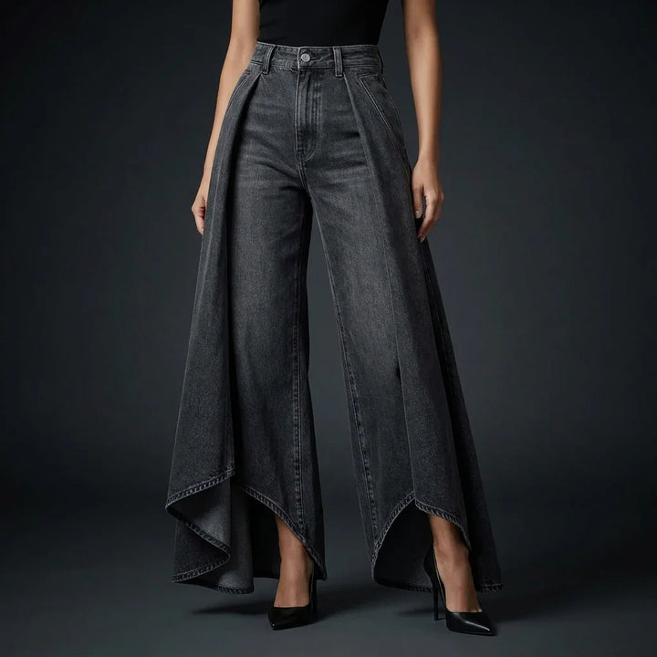 Black layered denim wide leg jeans, dark background front view