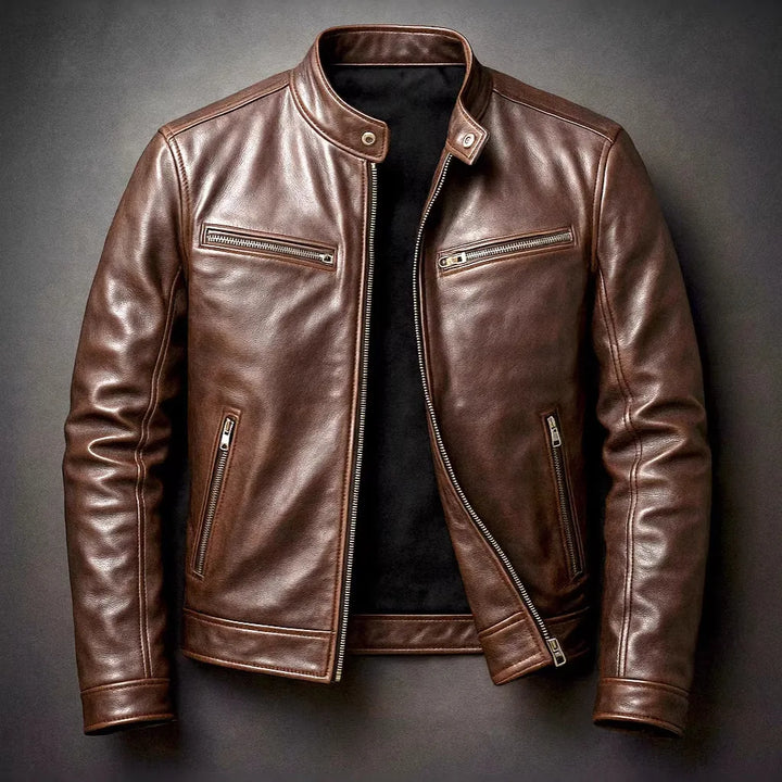 Dark brown leather moto jacket with stand collar, front view