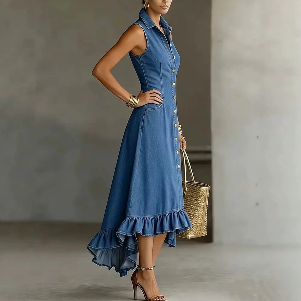Elodie Ruffle Denim Midi Dress