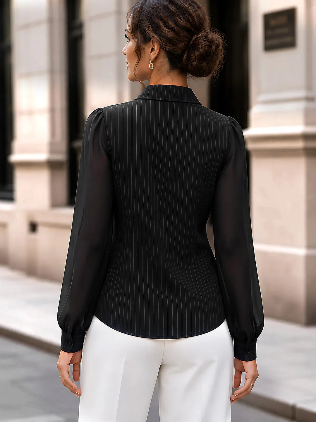 Black pinstripe belted blouse, back view