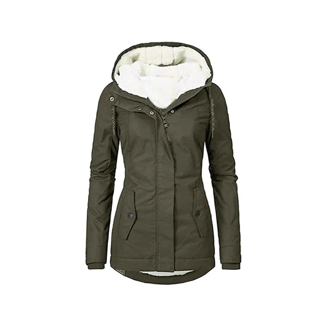 Army green hooded parka jacket, front view