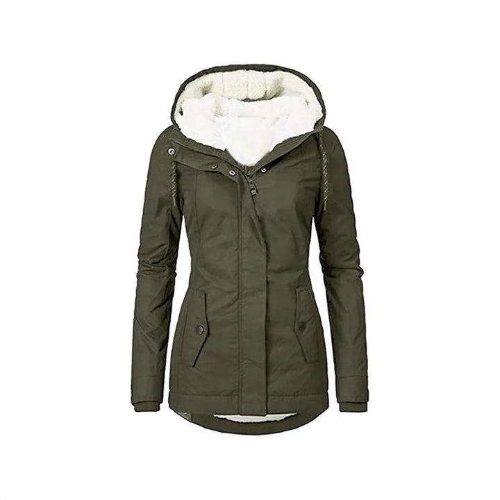 Army green hooded parka jacket, front view