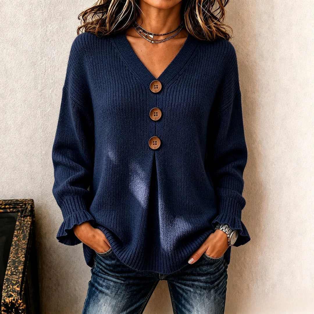 Navy ribbed knit sweater with wood button placket, front view