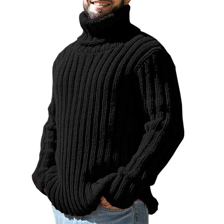 Man wearing black ribbed turtleneck sweater