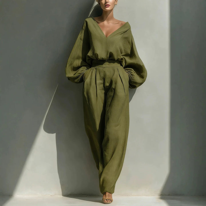 Genevieve Casual Deep V Neck Linen Pants Set