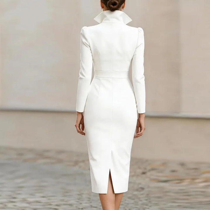 White bodycon dress back view showing stand collar and hem slit