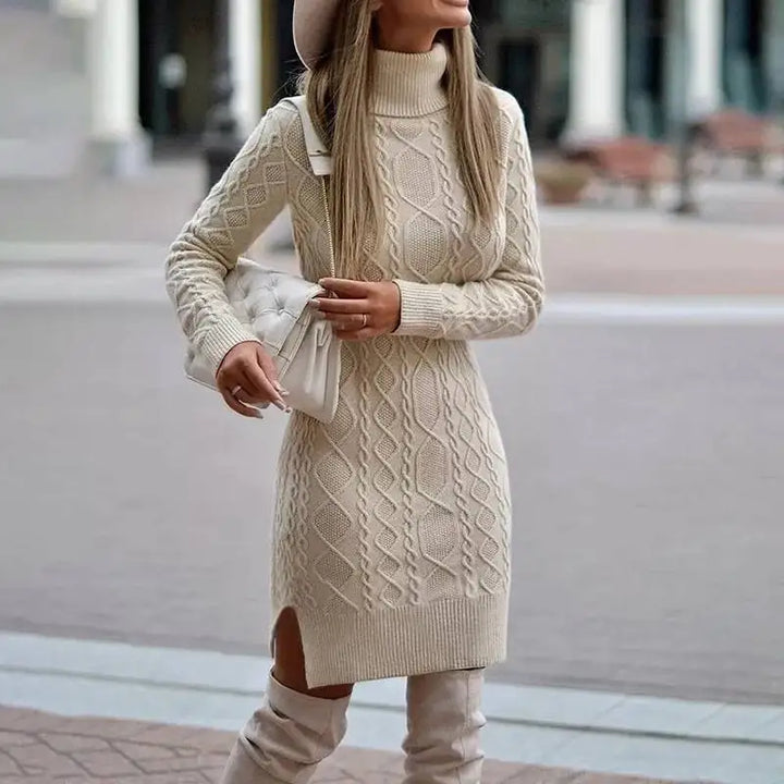 Cream cable knit turtleneck sweater dress, front view