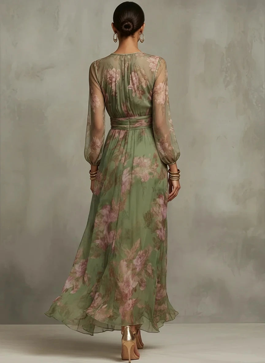 Back view of green floral maxi dress showing ruched waist tie