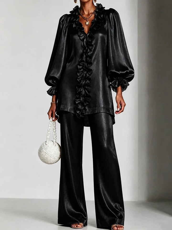 Black ruffled V-neck top and wide leg pants set