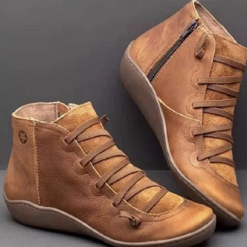Brown lace-up ankle boots with side zip, pair view